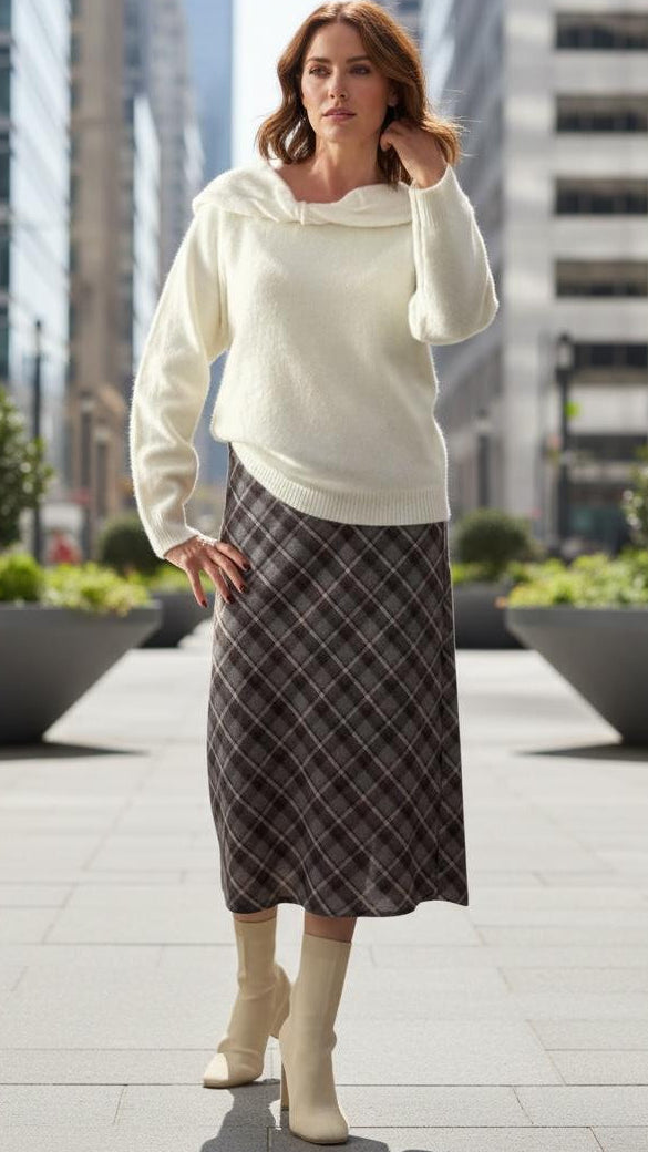Falda Midi a Cuadros de Corte en Sesgo para mujer