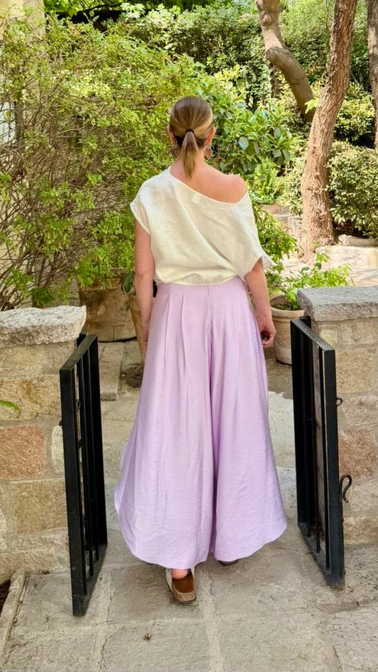 Pantalón de lino amplio con aberturas laterales en moka para mujer