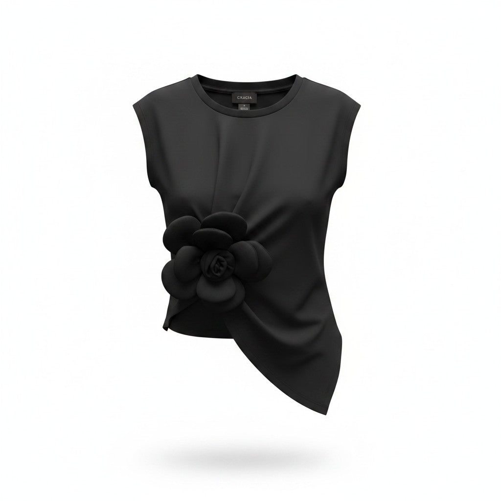 Blusa Negra con Flor en Relieve