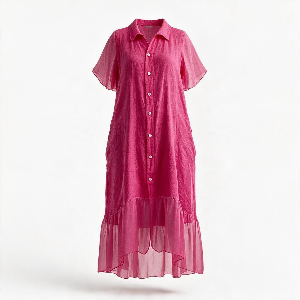 Vestido Camisero Rosa Fucsia con Seda