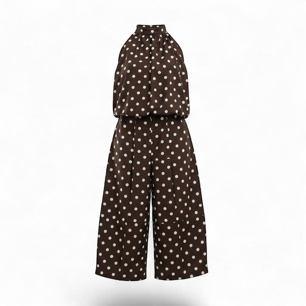 Set café de puntos con cuello halter para mujer