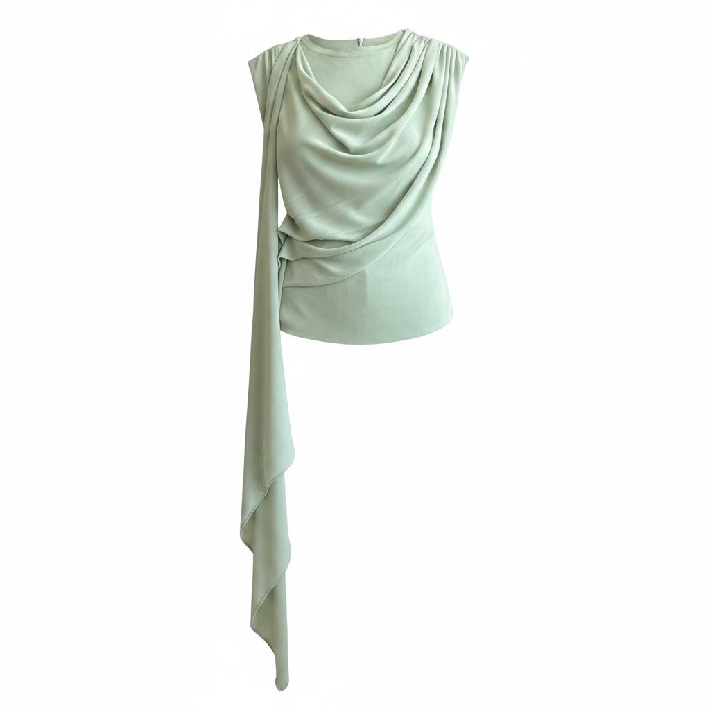 Blusa menta drapeada sin mangas para mujer