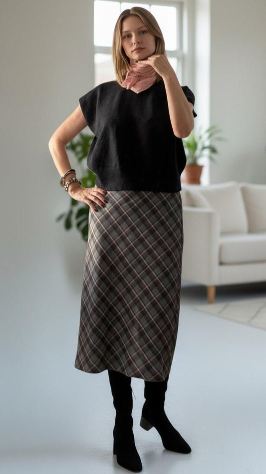 Falda Midi a Cuadros de Corte en Sesgo para mujer