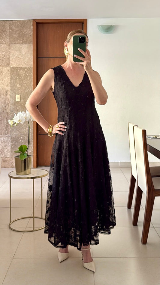 Vestido Largo Negro Texturizado