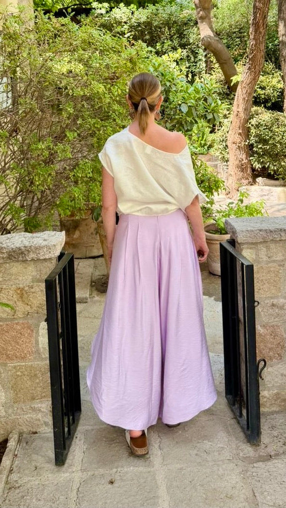 Pantalón de lino amplio con aberturas laterales en moka para mujer