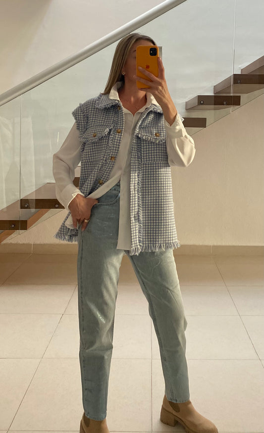 Jeans rectos azul claro con brillo para mujer