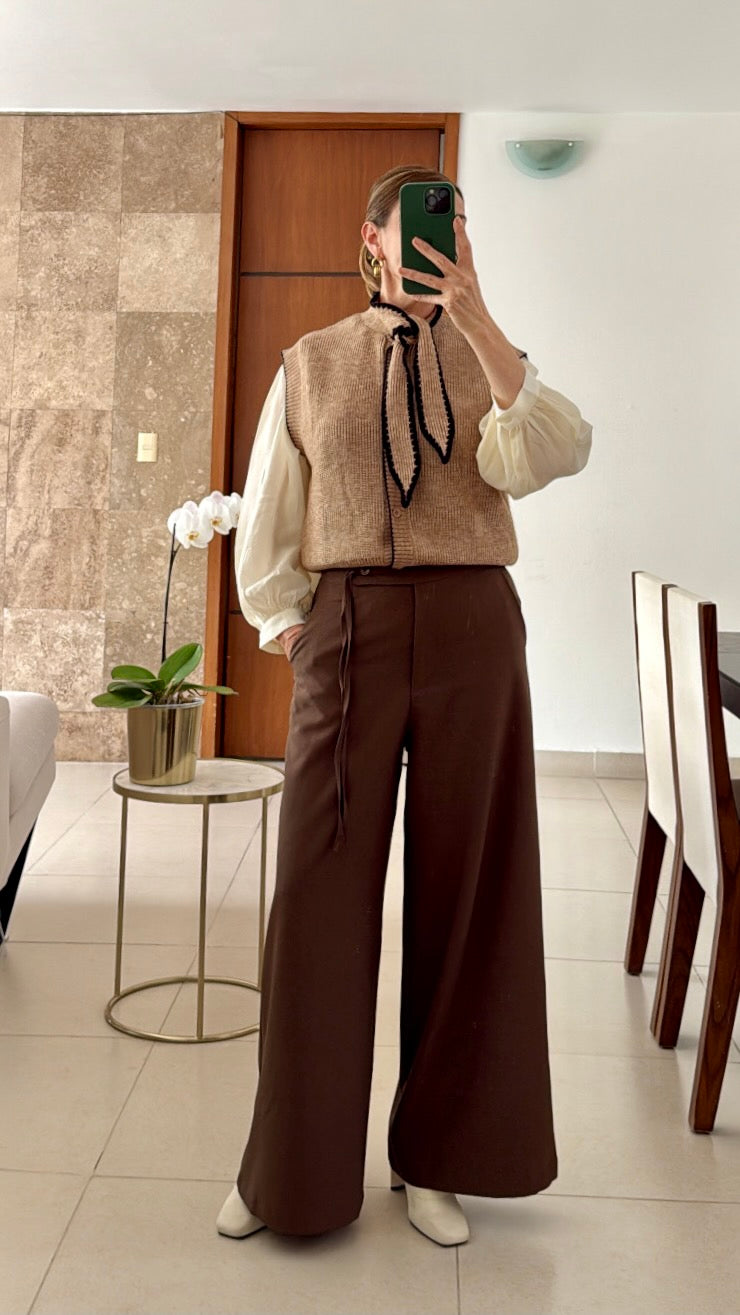 Pantalón Chocolate de Vestir con Cinta en Cintura