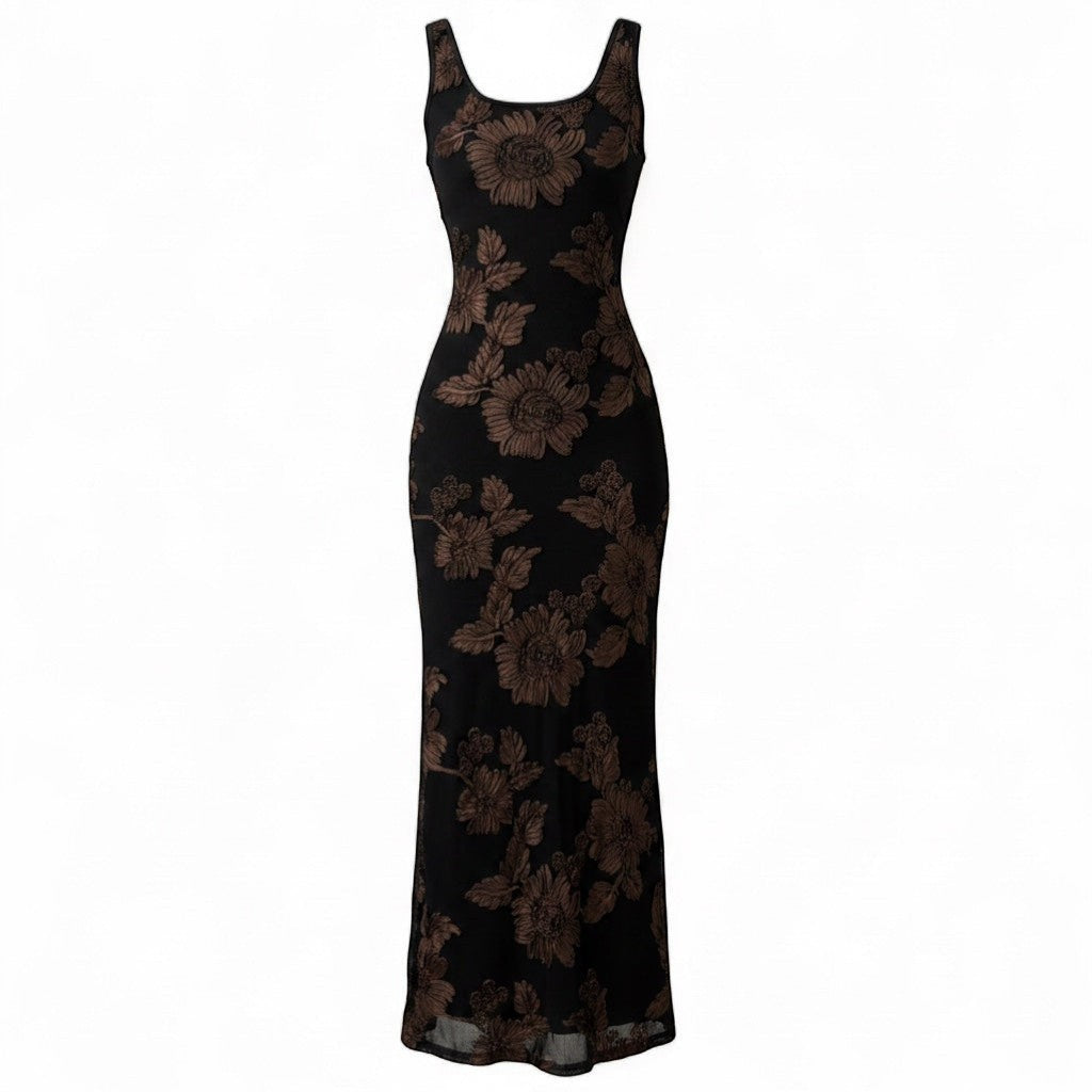 Vestido negro tipo sirena con flores bordadas para mujer