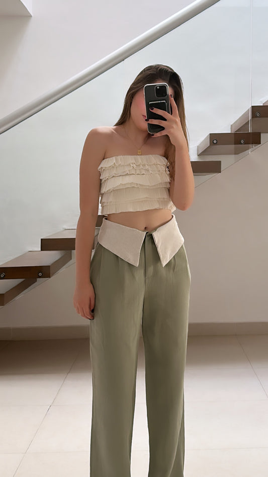 Pantalón de vestir verde olivo con pretina doblada para mujer