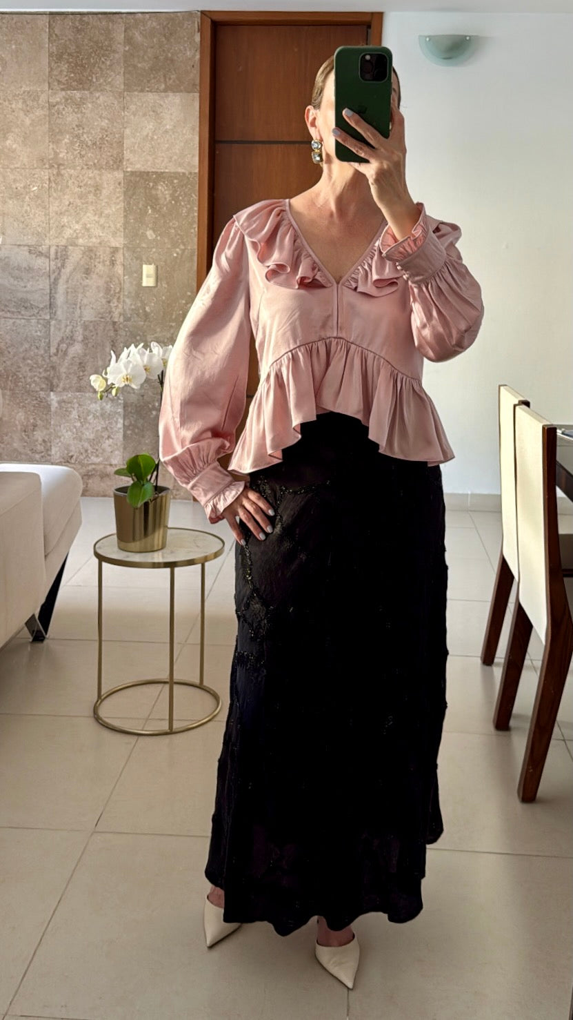 Blusa Rosa con Cuello y Bajo con Olanes