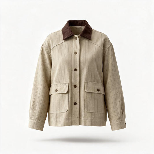 Chaqueta Beige a Rayas con Cuello en Contraste