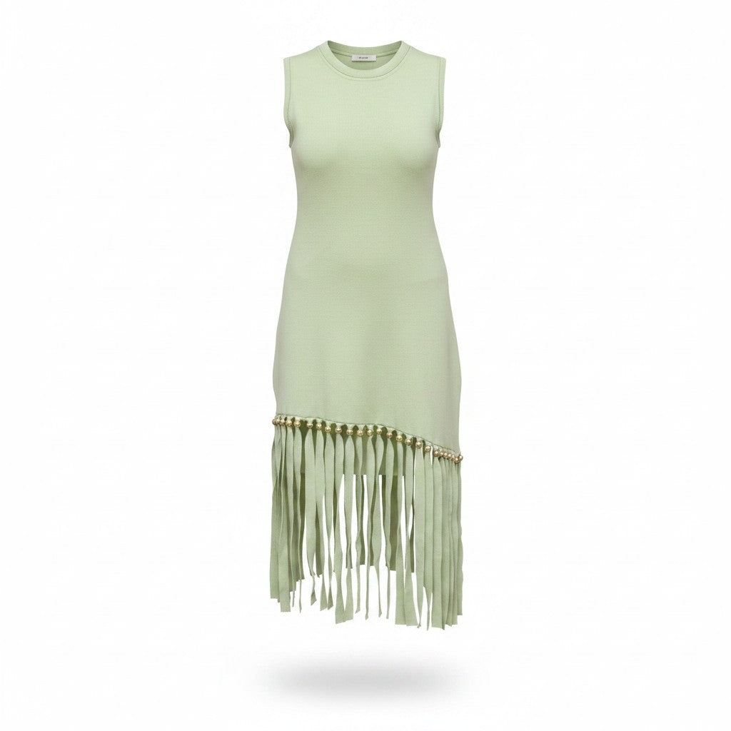 Vestido Verde Menta de Punto con Flecos para mujer
