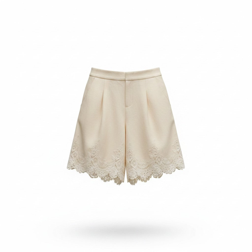 Bermuda crema de pierna ancha con encaje para mujer