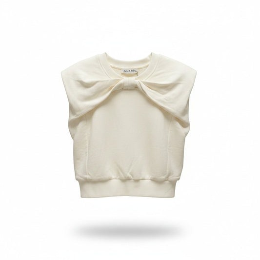 Blusa crema con moño al cuello y hombreras para mujer