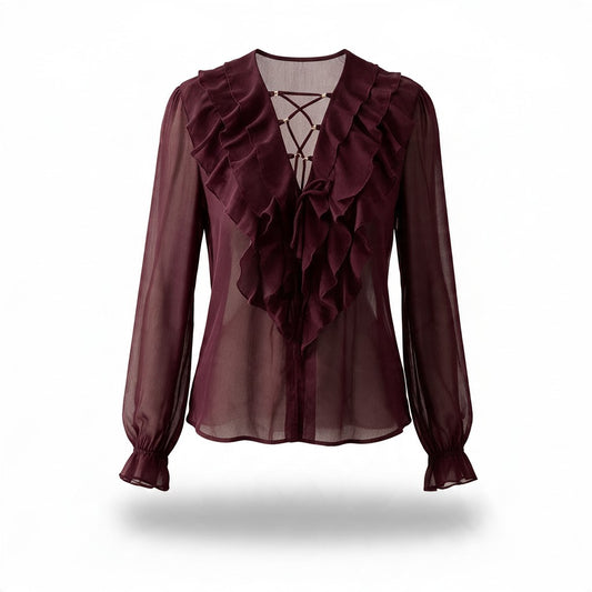 Blusa Vino Con Cordones y Volantes