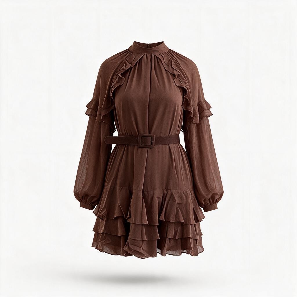 Vestido Corto Café de Manga Larga y Volantes