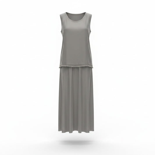 Set gris de blusa y falda midi satinada para mujer