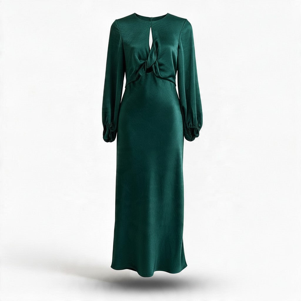 Vestido Largo Esmeralda Satinado con Abertura