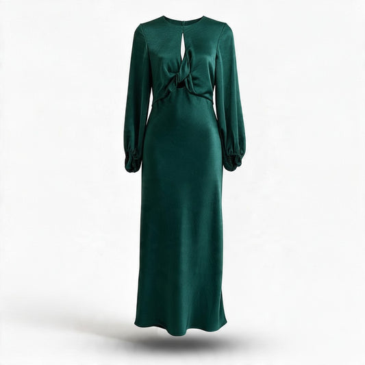 Vestido Largo Esmeralda Satinado con Abertura