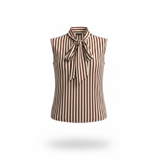 Blusa a rayas café y crema con lazo al cuello para mujer