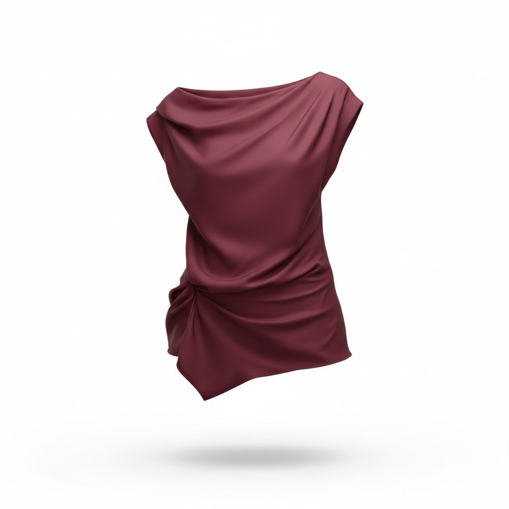 Blusa Satinada Vino Asimétrica de Un Hombro