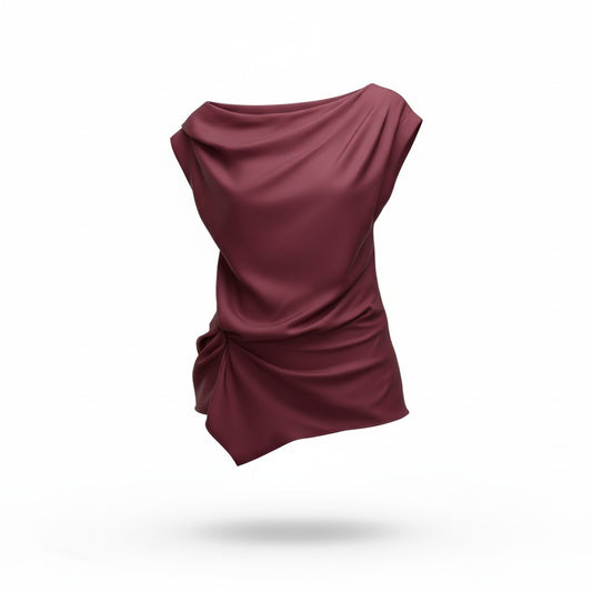 Blusa Satinada Vino Asimétrica de Un Hombro
