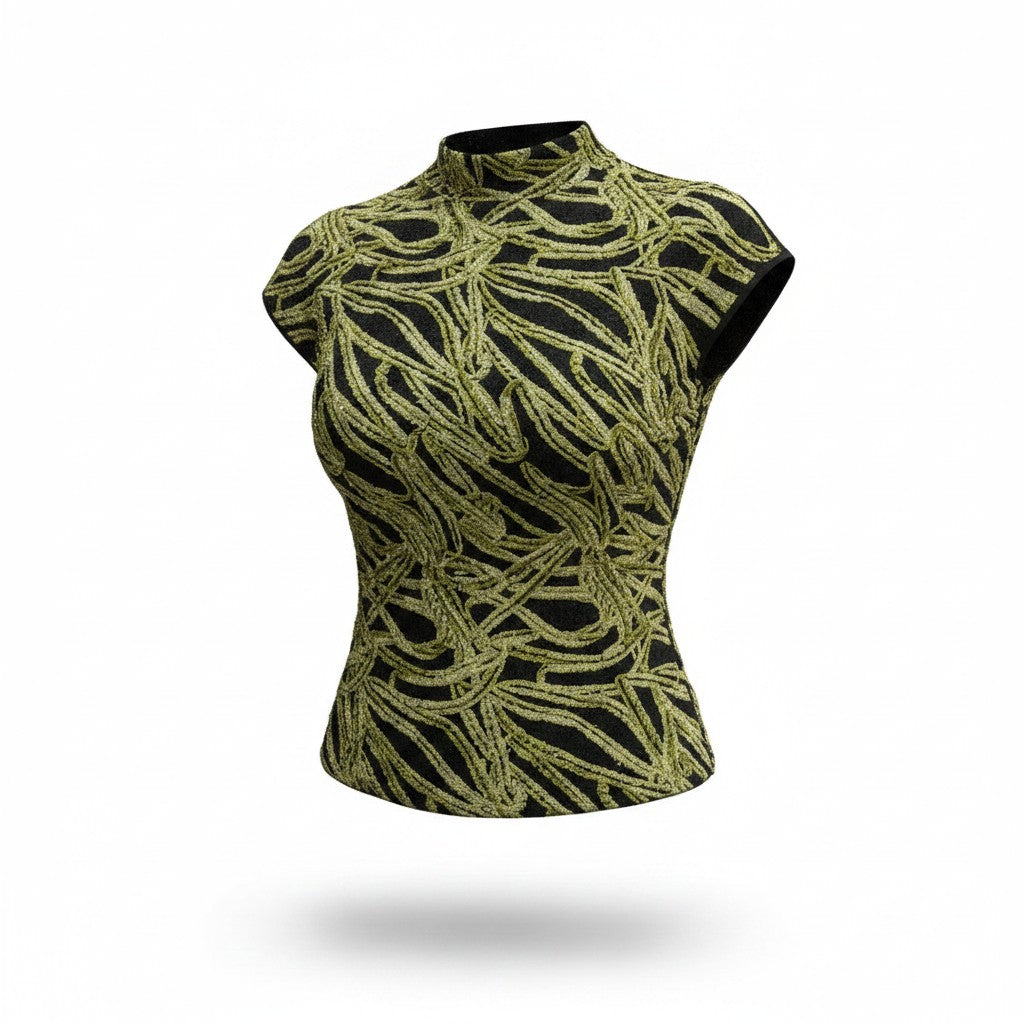Blusa Negra y Verde sin Mangas con Textura