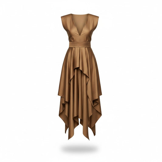Vestido Asimétrico Satinado Negro y Camel