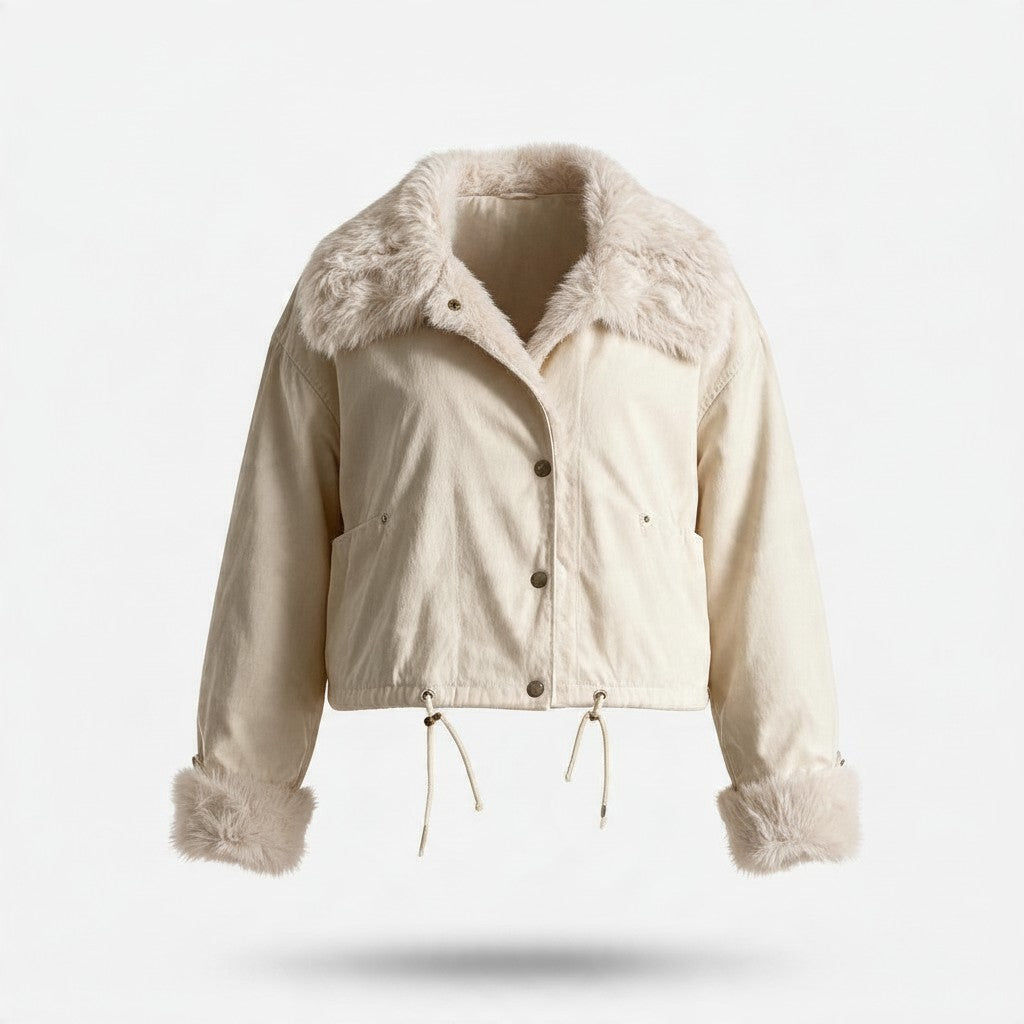 Chamarra Beige Corta con Detalles de Peluche