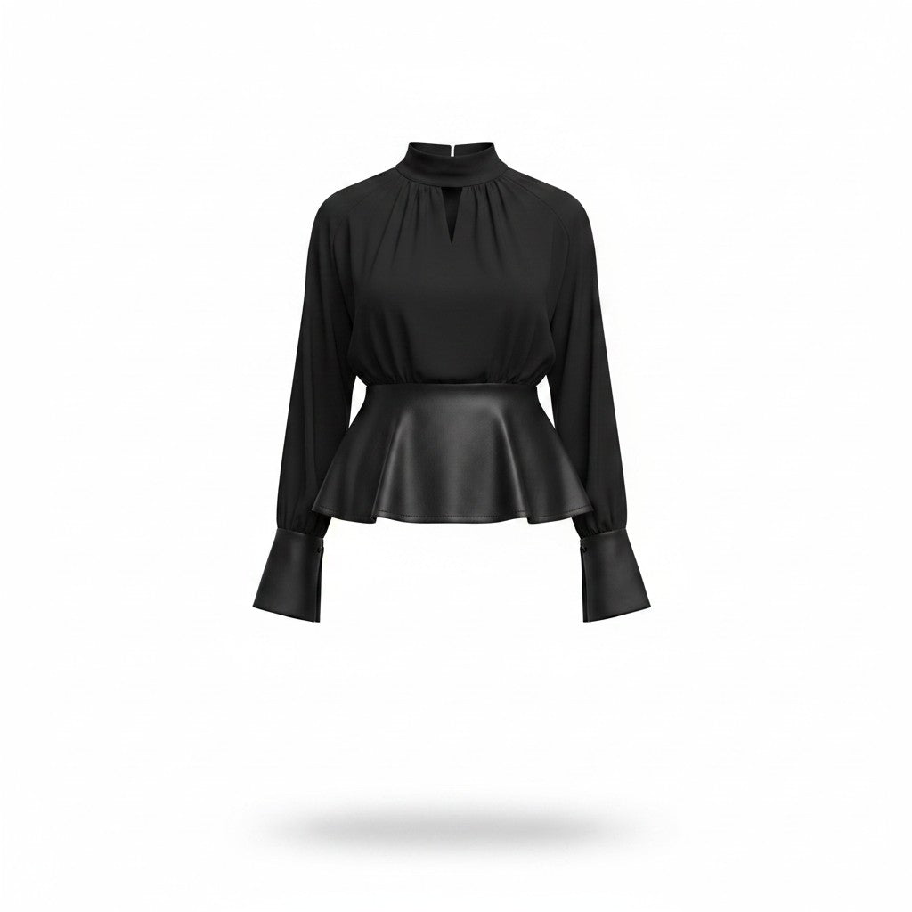 Blusa Negra de Manga Larga con Vuelo y Piel Sintética