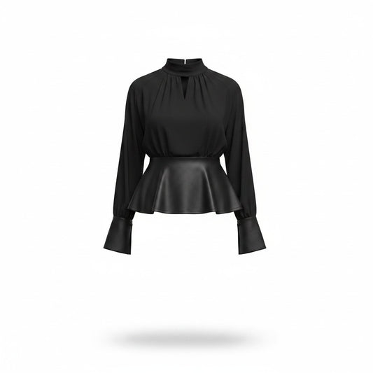 Blusa Negra de Manga Larga con Vuelo y Piel Sintética