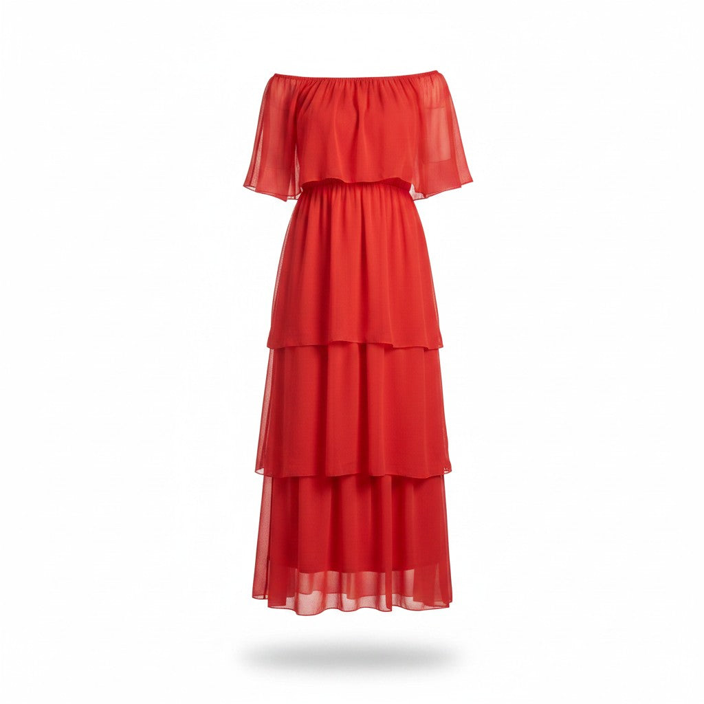 Vestido Rojo con Capas y Escote Off Shoulder