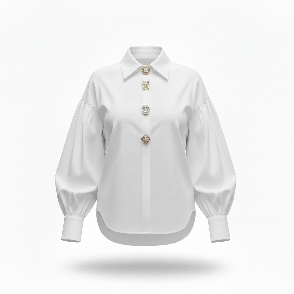 Camisa Blanca con Manga Globo y Botones Decorativos