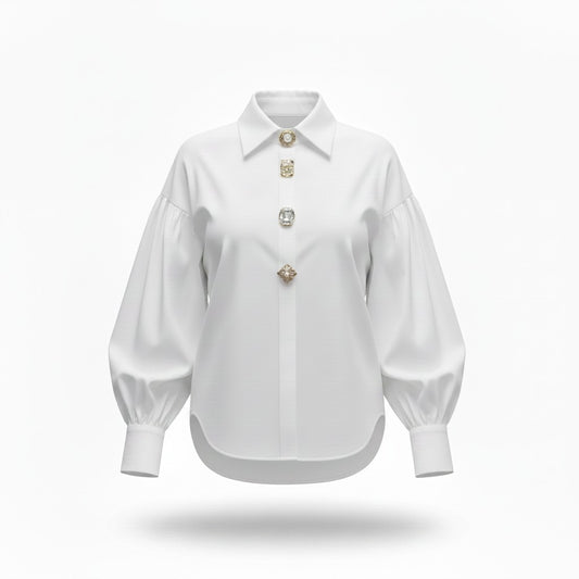 Camisa Blanca con Manga Globo y Botones Decorativos