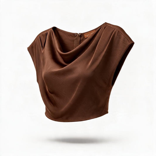Blusa Chocolate Satinada con Cuello Drapeado