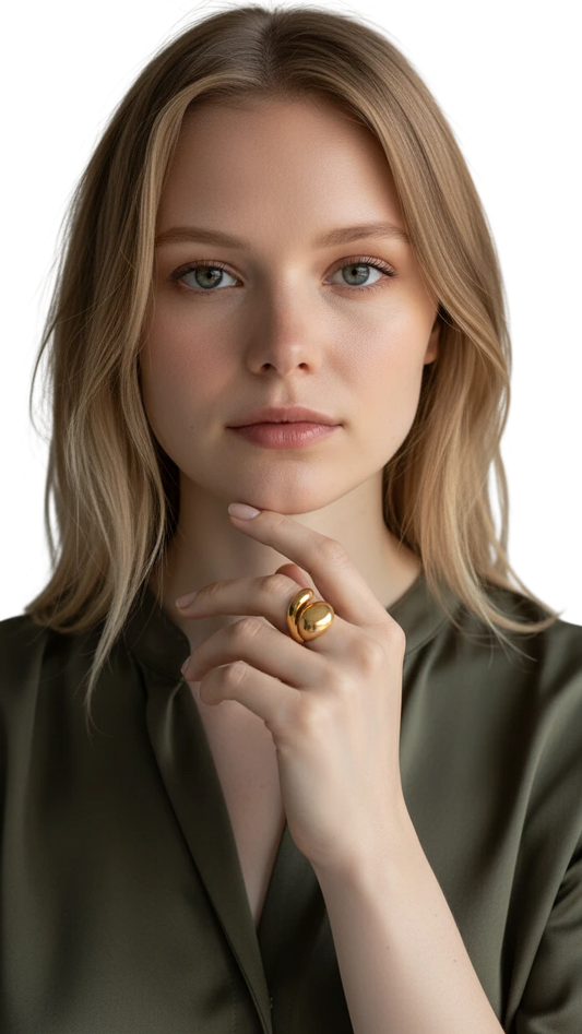 Modelo luciendo el anillo Gocciolare de ErikaRivas, un diseño minimalista de oro pulido con forma orgánica y fluida.
