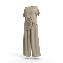Cargar imagen en el visor de la galería, Set beige de blusa drapeada y pantalón palazzo para mujer
