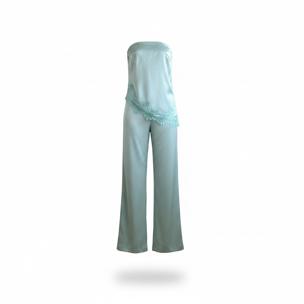 Set verde agua strapless con encaje para mujer