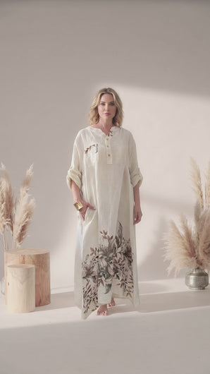 Vestido Hueso con Estampado Floral Inferior para mujer