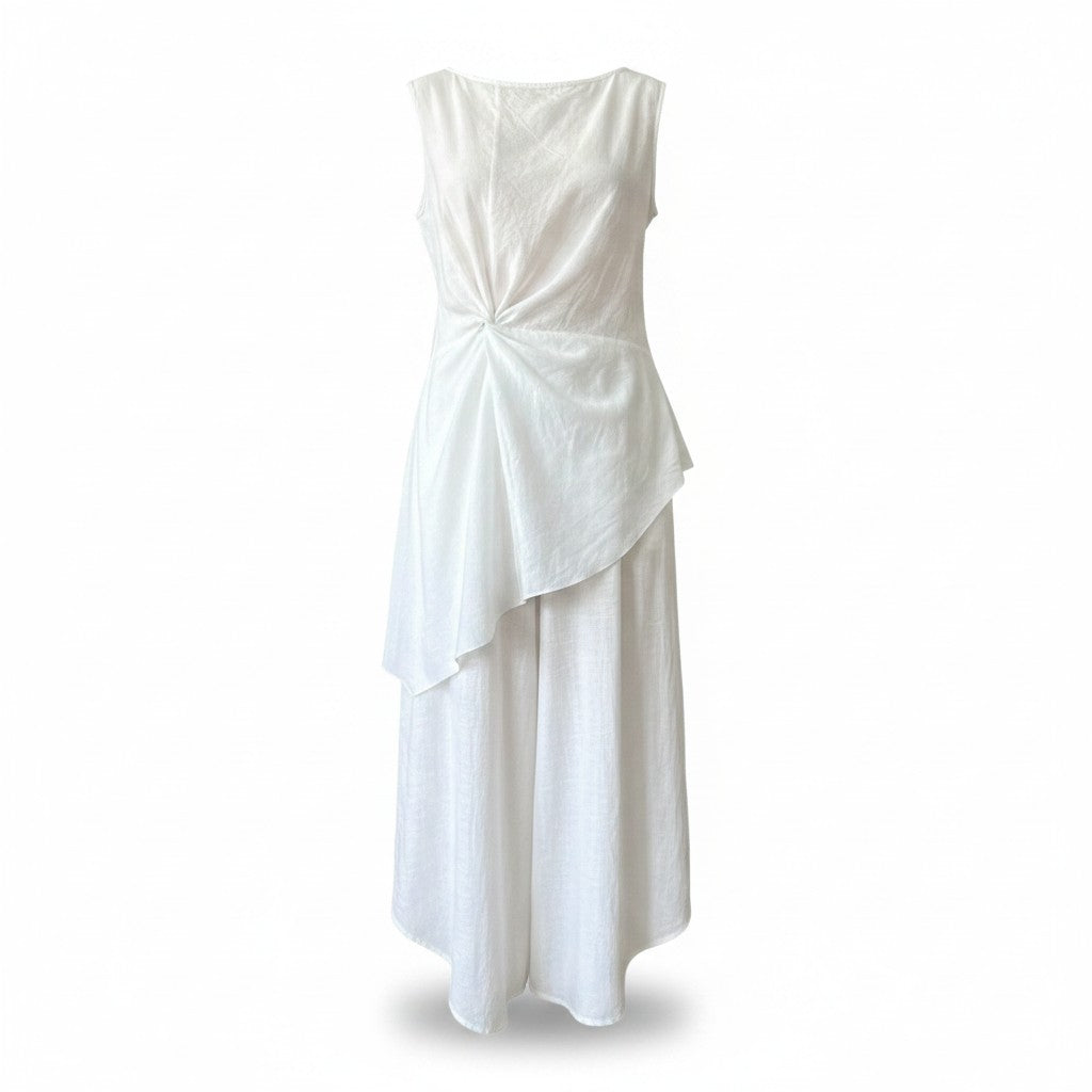 Set blanco de blusa asimétrica y pantalón ancho para mujer